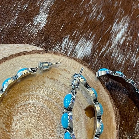Turquoise‎ & Silver Large Hoop Earrings with Long Post for Western and Boho - Picture 5 of 9